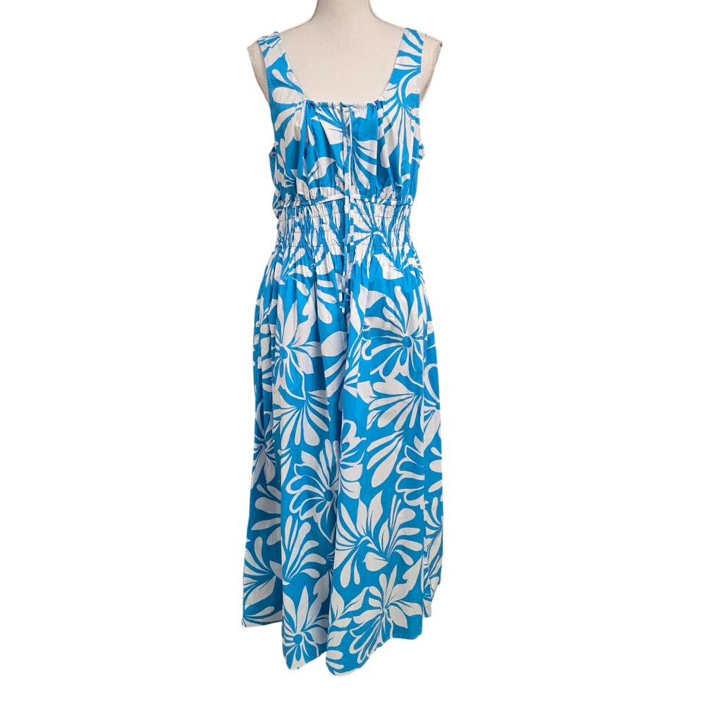 Gap Blue White Floral Smocked Waist Cotton Midi Summer Dress Pocket Sz L/ Tall